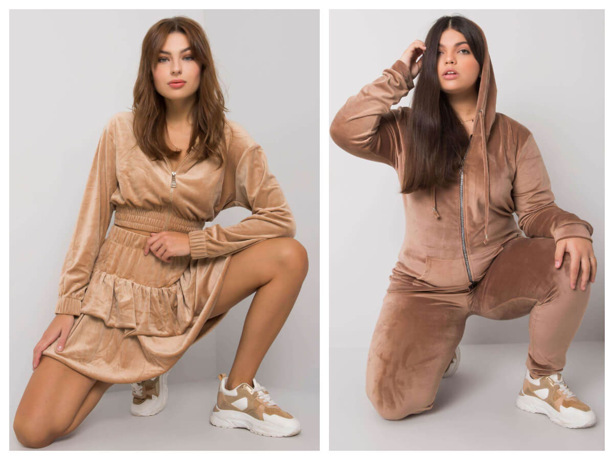 Welurowy komplet plus size beżowy